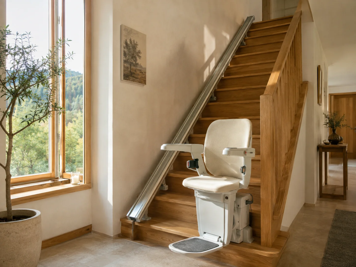 Illustration d’un fauteuil monte-escalier crème sur un escalier en bois dans une maison lumineuse
